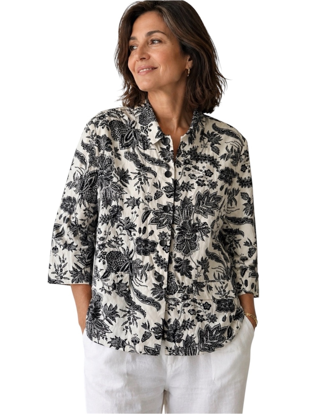 Talbots Rich Black White 3/4 Sleeve Statement Floral Blazer Jacket 18W EUC